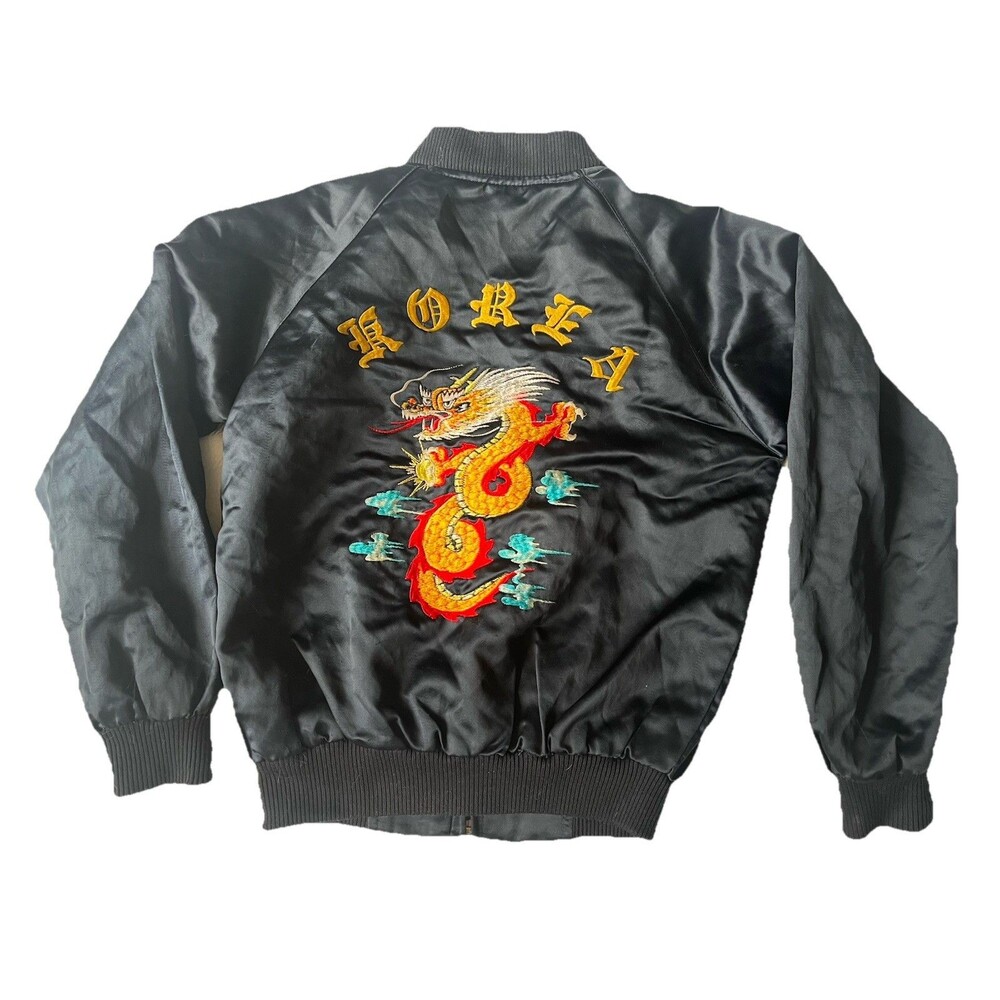 Kids Vintage 1980s Korea Black Satin Bomber Jacket Dragon Embroidered "Ralph Jr"